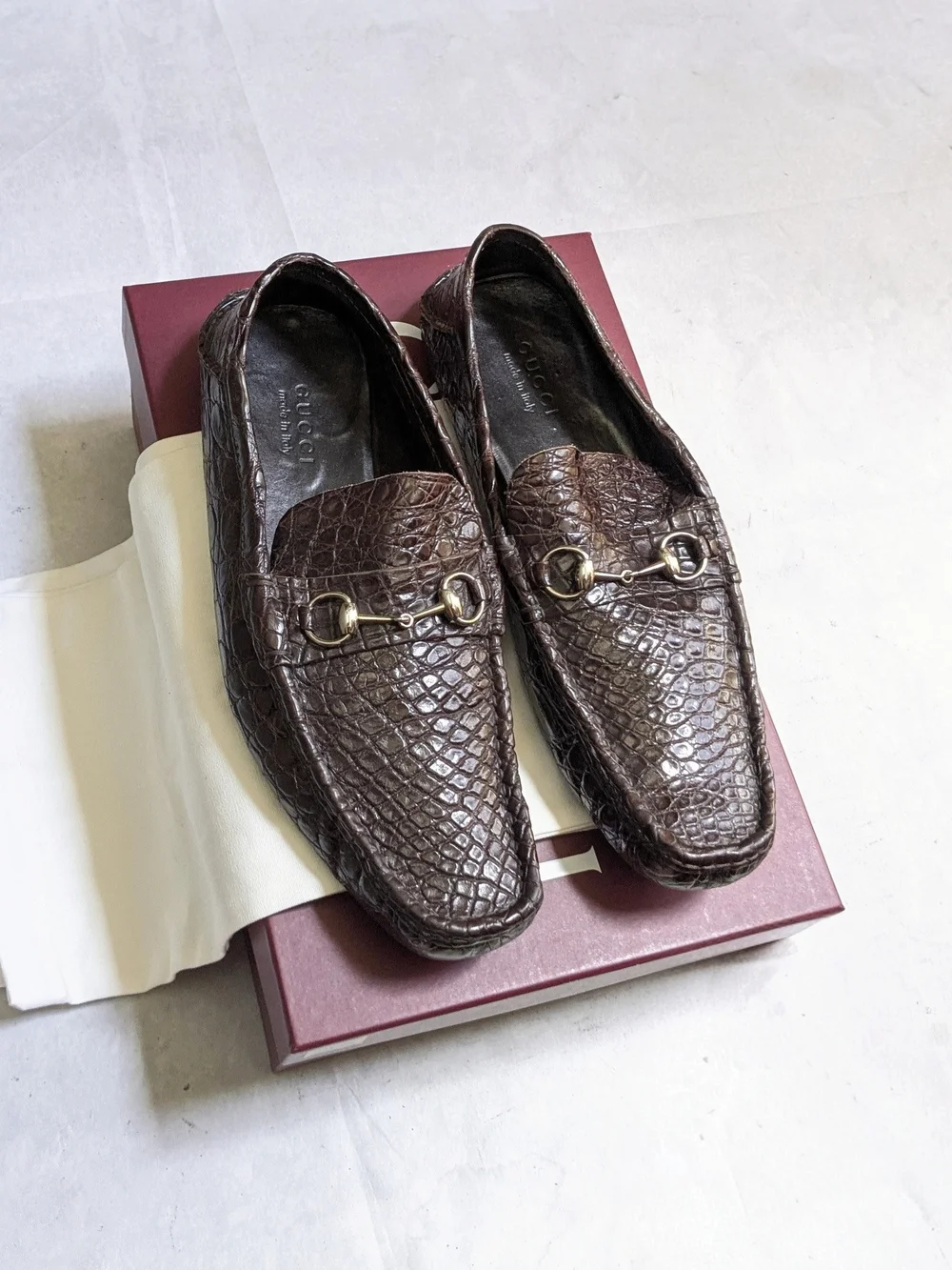 Gucci Driving Horsebit Loafers Brown Crocodile Leather Men US 13.5 Exotic
